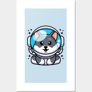Cute baby husky dog wearing an astronaut helmet, cartoon character Posters and Art